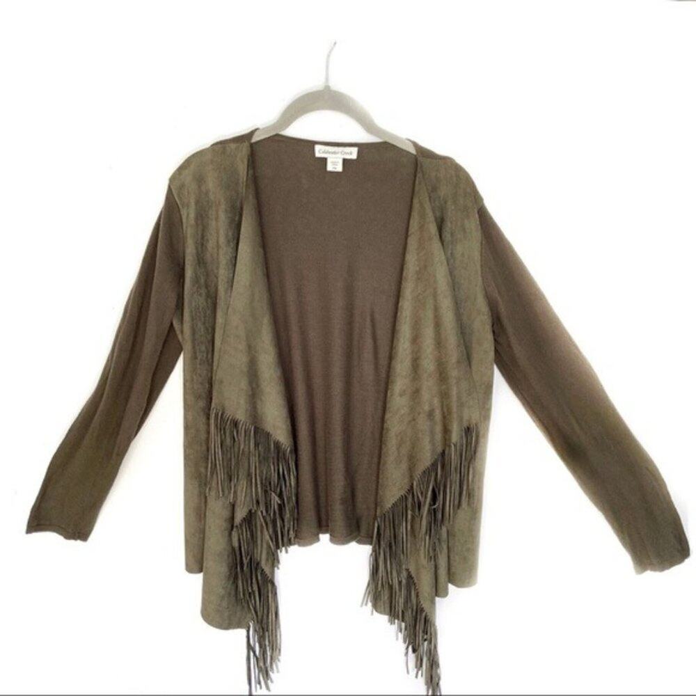 Coldwater Creek Cardigan Fringed Western Funky Vegan Suede Green Petite Medium
